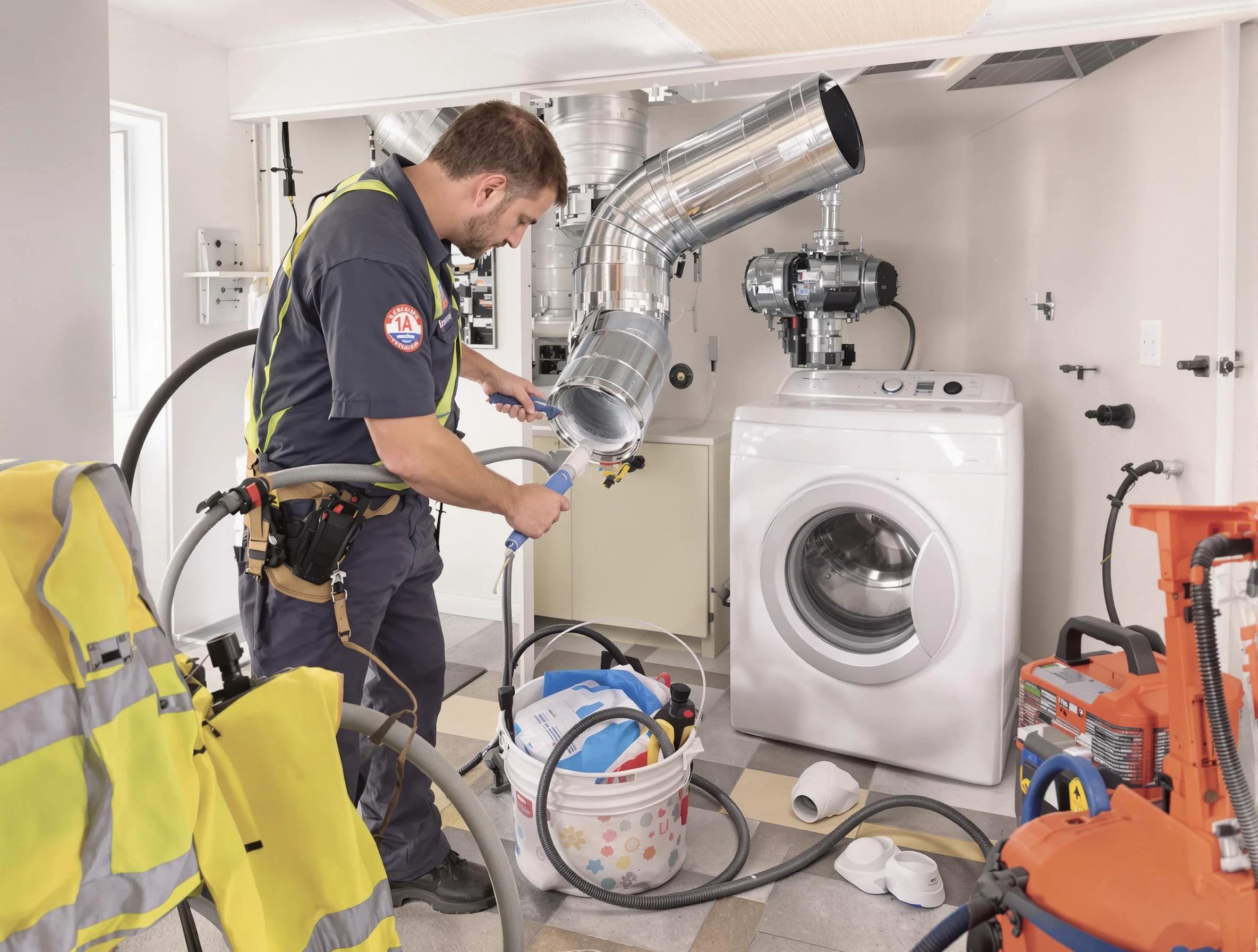 Sun City Dryer Vent Cleaning technician using specialized equipment to clear severe dryer vent blockage in Sun City