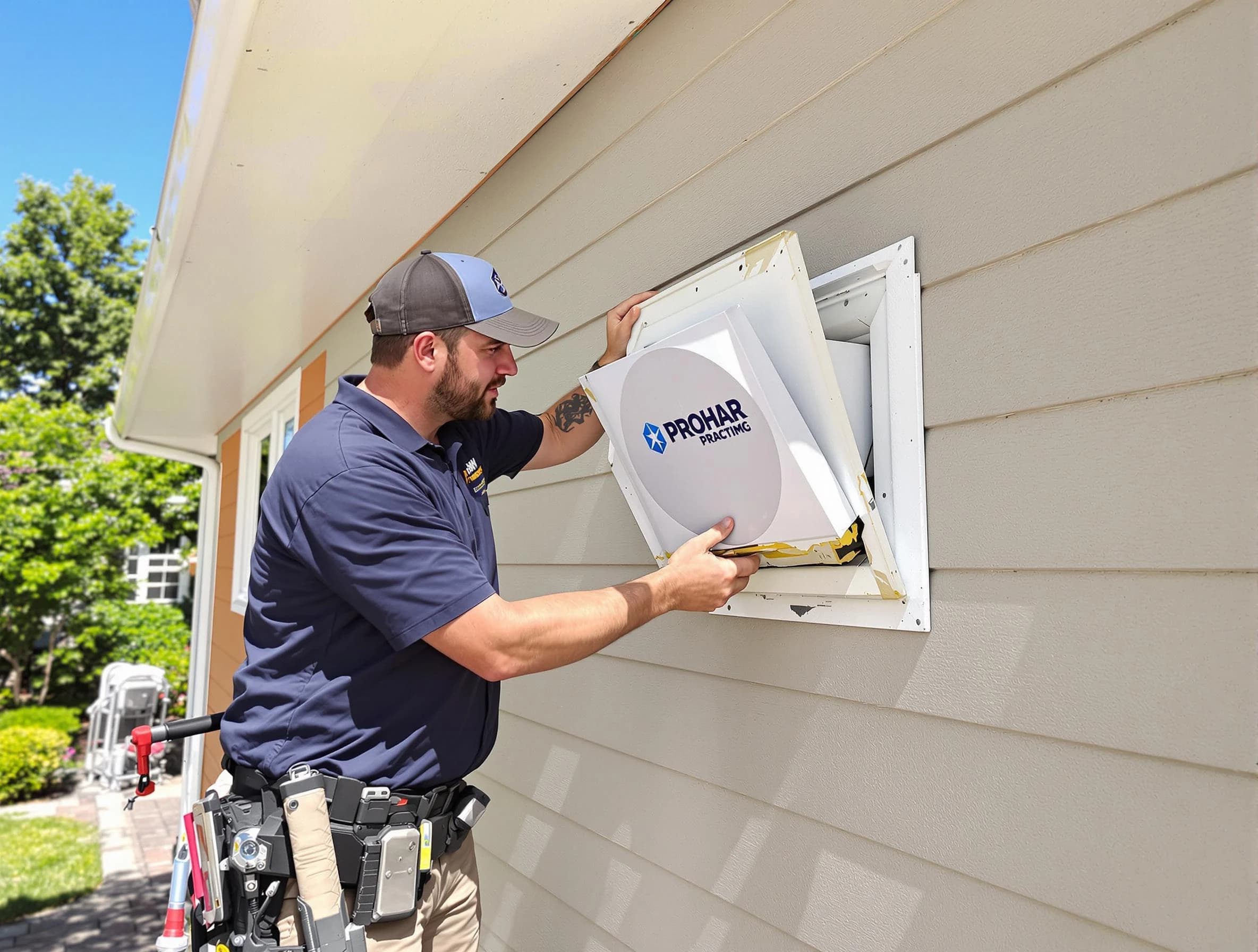 Sun City Dryer Vent Cleaning technician installing a new protective dryer vent cover on a home in Sun City